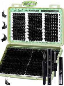 540pcs D Curl 4 Styles 10-18mm/14-22mm Mixed Length Fluffy Volume Cluster Lashes Kit Soft And Comfortable False Eyelashes Long-Lasting Lashes Kit With Lash&Seal Lash Remover And Tweezers Eyelash At Home Daily Life&Dates And Party - 黑色 - 查看 2