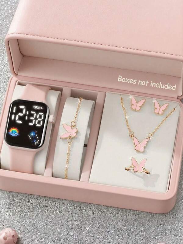 6/1 Set Of Fashionable, Elegant, Romantic And Classic LED Digital Display Square Electronic Watches, Specially Designed For Teenagers. Suitable For Girls To Wear And Comes With A Jewelry Necklace, Bracelet, Ring And Earrings Set.