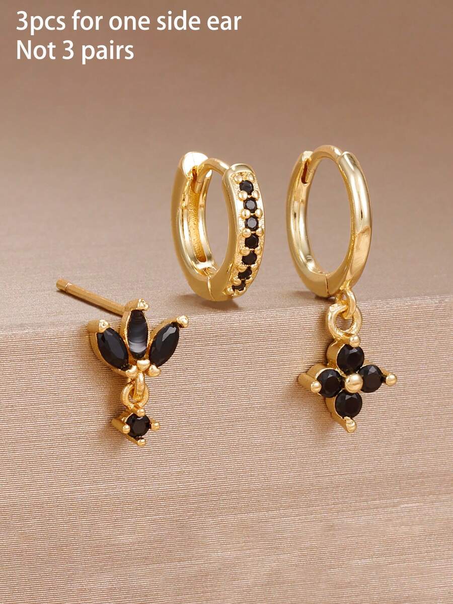 3PCS For One Side Ear Fashion Black Zirconia Hanging Earrings Set For Women Stainless Steel Flower Dangle Earring Piercing Jewelry - Gold-6# - View 1