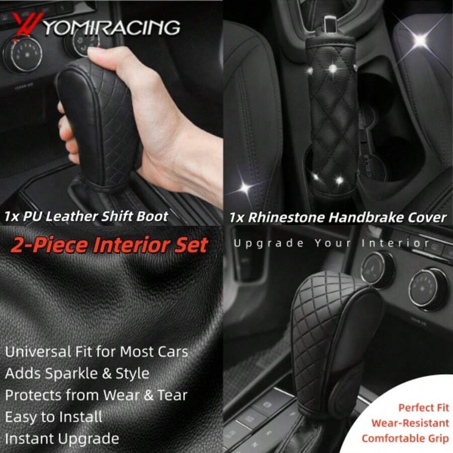 [Limited Time Promotion] Cool Car Accessory Set: Shiny Diamond Handbrake And Gear Shift Covers - Universal Handbrake Cover To Enhance Car Style - Black - View 1