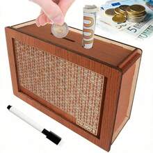 1 个木制存钱罐，男孩女孩家庭储蓄计划，可擦拭的 DIY 硬币和纸币储蓄容器 - 藍色 - 查看 2