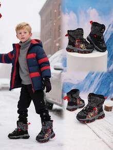 A Pair Of Boys' Snow Boots With Cartoon Patterns, Thermal Lined, Non-Slip & Camouflage Style, Warm And Cold-Resistant For Kids To Play In The Snow And Go To School, Wear-Resistant & Foot-Warming