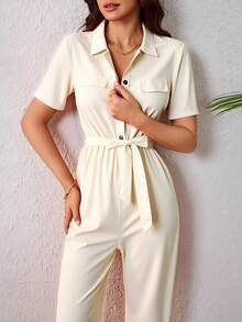 Mono Camisero Casual De Color Sólido Para Mujer,Elegante Monos Cargo De Manga Corta Con Cinturón - Beis - Ver 4