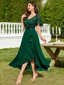 MIUSOL Elegant Women's V Neck Sequin Lace Bodice Dark Green A-Line Midi Dress With Flutter Sleeves, Ruffle Flowy High Low Hem, For Formal Prom Gown, Wedding Guest, Evening Party, Cocktail, Dinner - 墨綠色 - 查看 6