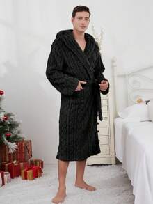 1pc Soft & Comfortable Jacquard Fleece Long Hooded Bathrobe With Pockets, Unisex, Autumn/Winter, Fluffy, Cozy