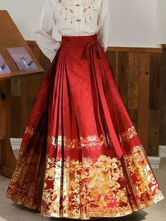 Hanfu Horse-Face Skirt | 2026 New Year Chinese Style Vintage Gilded Pleated Skirt - High-Waisted A-Line Tie-Waist One-Piece Versatile Bottom Skirt