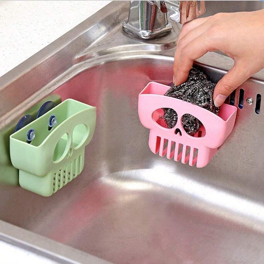 1pc Halloween Skull Suction Cup Wall Sponge Holder - Convenient For Cleaning And Organizing Dish Sponges And Cloths, Skull Storage Rack, Sink Organizer, Sponge Holder, Suitable For Bathroom And Kitchen, Plastic Brush Storage Box
