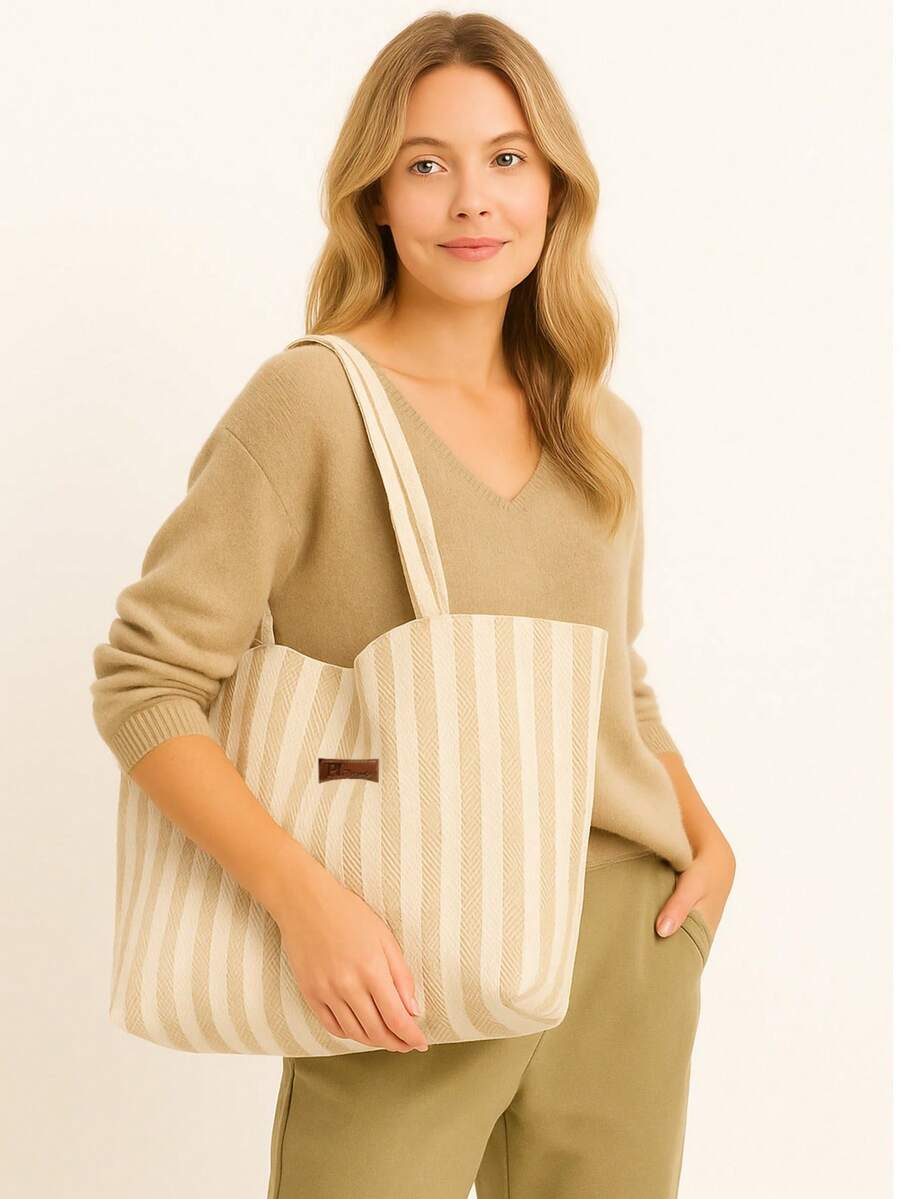 Liora Cotton Herringbone Pattern Tote Bag – Lightweight, Modern Everyday Bag 45*35 - Mocha Brown - View 1