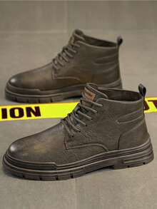 Men's High-Top Leather Motorcycle Boots, New Design, Thick Sole, Anti-Slip, Durable PU Leather, Waterproof, Oil-Resistant, Gradient Color, Distressed, Comfortable Stitching, Fashionable & Versatile Casual Short Boots, Soft & Comfortable For Work, Outdoor Hiking