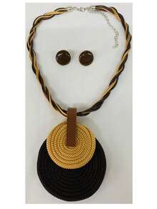 Braided Wire Necklace Set With Double Pendant + Resin Button Earrings – Sophistication In Every Detail. - Brown - View 3