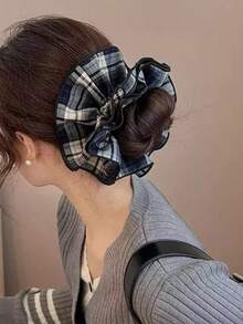 1pc Four-Layer Lock-Edge Checked Pleated Big Hairband For Girls - Versatile And Fashionable Hair Accessory ,Ponytail Holders ,Hair Elastics ,Hair Rubber Bands ,Scrunchies ,Hair Rope ,Elastic Hair Tie ,Makeup