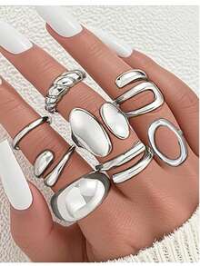 12 PCS Multi-Piece Fashion Versatile Silver & Gold-Toned Geometric, Heart & Twisted Detail Ring Set - Stackable Styles For Daily & Occasion