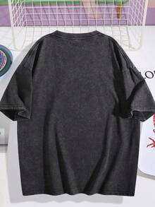 Men's Retro Washed Vintage T-Shirt, Street Style WWE Triba Chief Print, Retro Loose Casual Short Sleeved Top004 - 黑色 - 查看 4