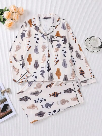 2pcs Women Sleepwear Clothes Set For Autumn/Winter, Cat Print, Soft Fabric, Fashionable & Beautiful Outfit, Comfortable Shirt Collar Long Sleeve Top And Elastic Waist Loose Pants, Suitable For Holiday Party, Casual Outdoor And Home Wear