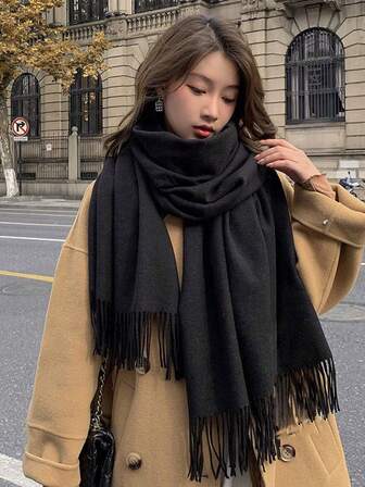 1pc Solid Color Casual Elegant Business Party Polyester (Polyester Fiber) Faux Cashmere Warm Scarf With Tassels, Suitable For Autumn/Winter Season, Soft And Warm, Can Be Paired With Dresses