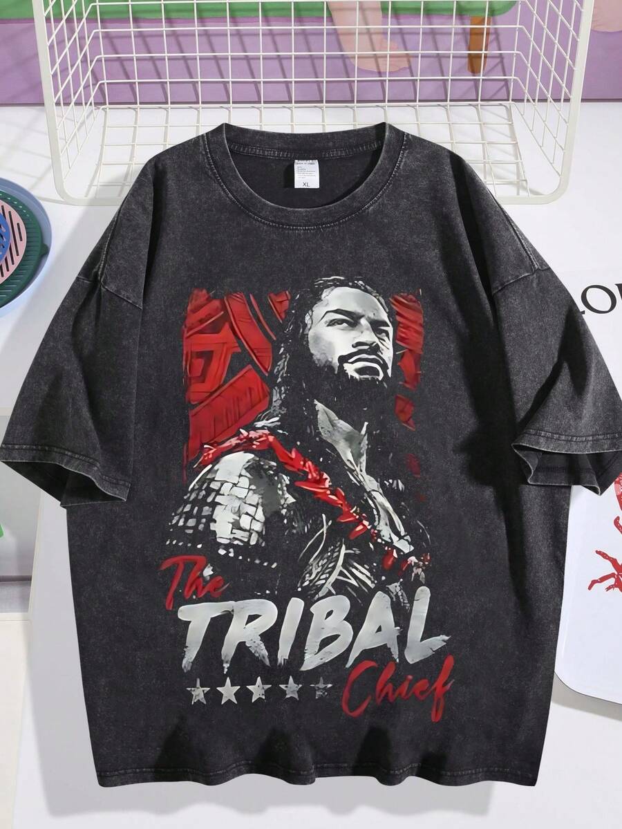 Men's Retro Washed Vintage T-Shirt, Street Style WWE Triba Chief Print, Retro Loose Casual Short Sleeved Top004 - 黑色 - 查看 1