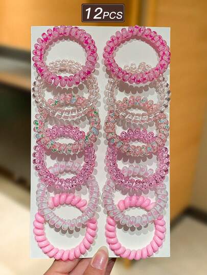 12pcs Pink Spiral Hair Ties, High Elasticity Hair Bands, Sweet & Cute Style, Women Hair Accessories, Suitable For Daily Casual And Outdoor Wear, School Supplies, Hair Decorations, Female Accessories