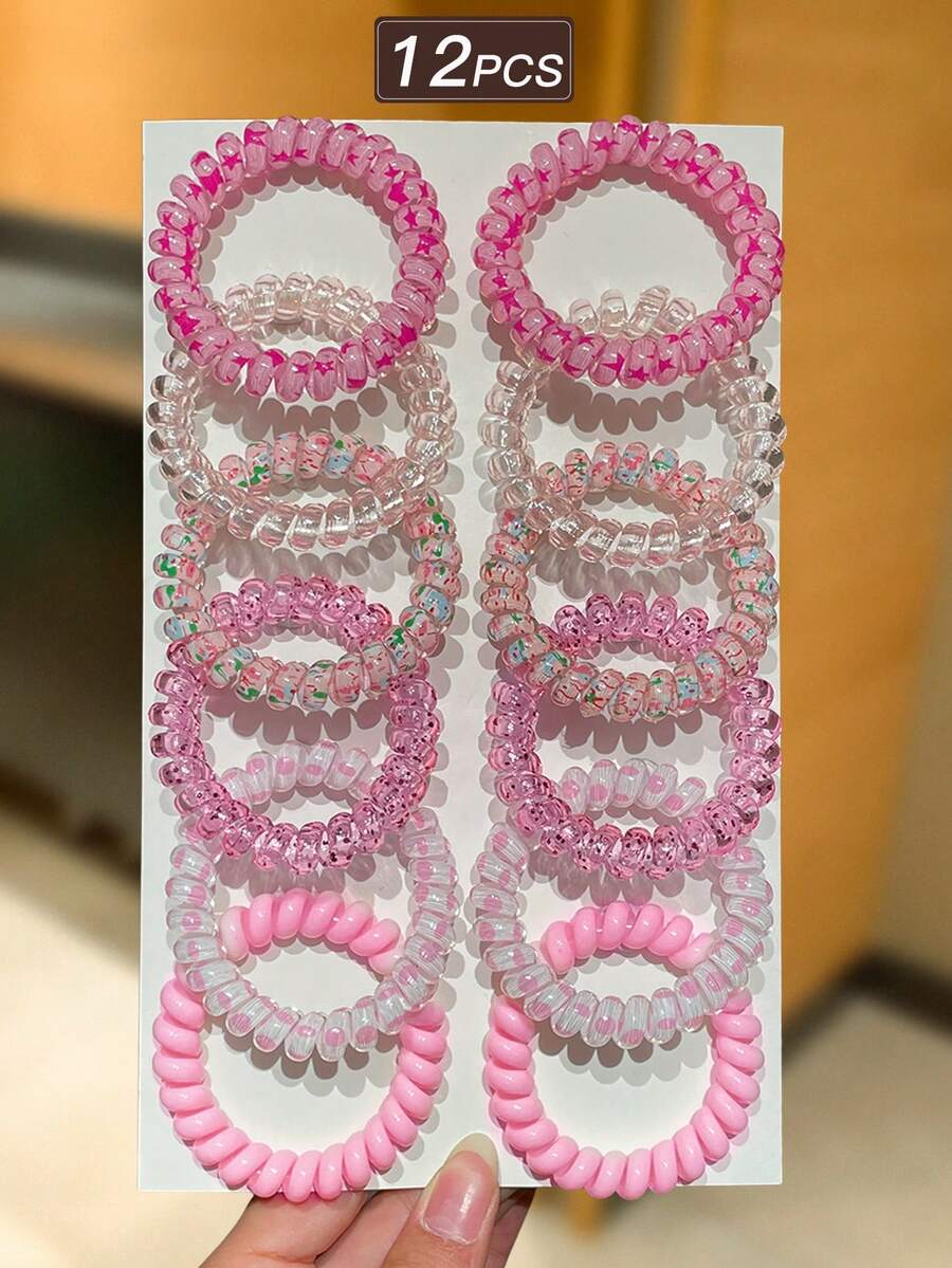 12个粉色螺旋发圈，高弹力发圈，甜美可爱风格，女士发饰，适合日常休闲和户外活动，也可用作学习用品、发饰、女性配饰、发绳马尾辫头饰橡皮筋