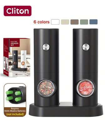 CLITON Single Electric Pepper Grinder Only Or Set With Stand For Two Units - Available In Black, White, Cream, Green, Blue, Brown Colors - Ceramic Grinder With LED Light For Effortless Grinding - Perfect Gift For Halloween, Christmas, New Year, Valentine's Day, Thanksgiving, Mother's Day, Father's Day - Great For Camping BBQ And Home Kitchen Use