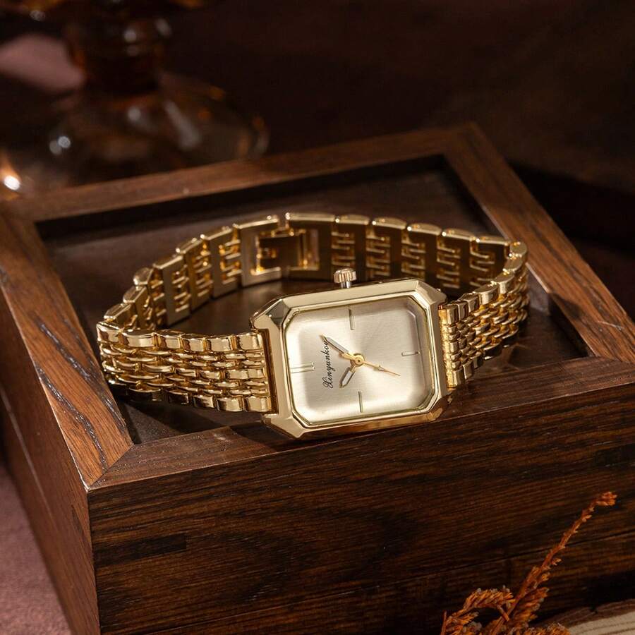 xinyunkou New Luxury Steel Band Women's Watch, Fashion Minimalist Square Quartz Wristwatch For Ladies - Gold - View 1