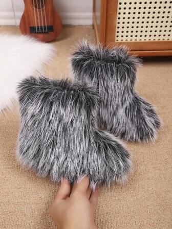 1 par bekväma, varma, söta, pälsiga, halvhöga stövlar för flickor, lämpliga för vintern