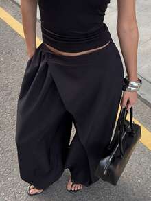 女士高腰阔腿裤，哥特/日式风格，宽松不对称剪裁，休闲街头风，纯色梭织面料，纽扣闭合，适合学校、办公室、日常穿着、机场出行，春夏黑色 - 黑色 - 查看 4