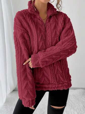 2-Sided Fluffy Drawstring Collar Zip-Up Casual Solid Color Sweatshirt For Women