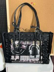 日系原宿新款时尚缎面蝴蝶结大容量包，可装谷物、挂钥匙扣、明信片、玩偶，可参加动漫展、派对，可送朋友，可肩背，可放徽章、激光票，可搭配洛丽塔服饰，可送情人节礼物、圣诞礼物、生日礼物，时尚优雅女士包包 - 黑色 - 查看 11