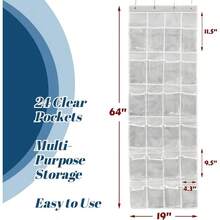 24 Pockets - Over Door Hanging Shoe Organizer, Gray 64''x 19''
