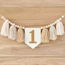 1st Birthday High Chair Banner, Tassel Floral Wreath, Boho Birthday Decorations, Khaki, Blue Gray, Green, Brown "Wild One" Tassel Garland - Khaki - View 1