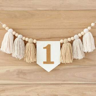 1st Birthday High Chair Banner, Tassel Floral Wreath, Boho Birthday Decorations, Khaki, Blue Gray, Green, Brown "Wild One" Tassel Garland