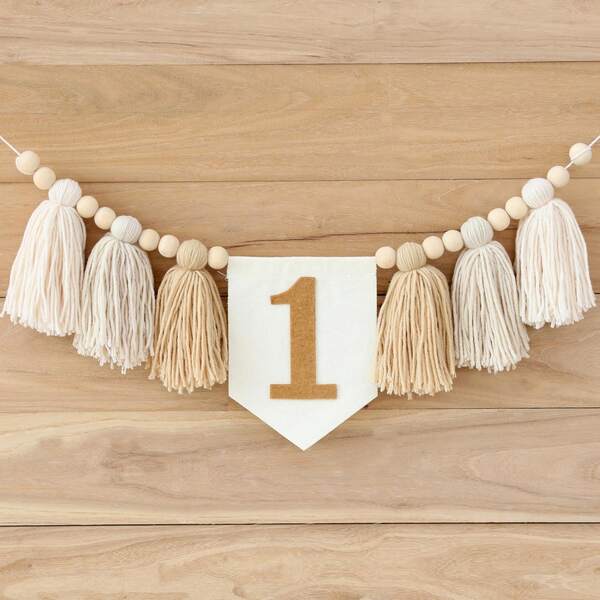 1st Birthday High Chair Banner, Tassel Floral Wreath, Boho Birthday Decorations, Khaki, Blue Gray, Green, Brown "Wild One" Tassel Garland