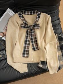Korean Style 2 In 1 Apricot Knit Cardigan, Plaid Bow Decor Sweater Jacket, Suitable For Winter, Christmas, Spring Festival New Year - Apricot - View 5