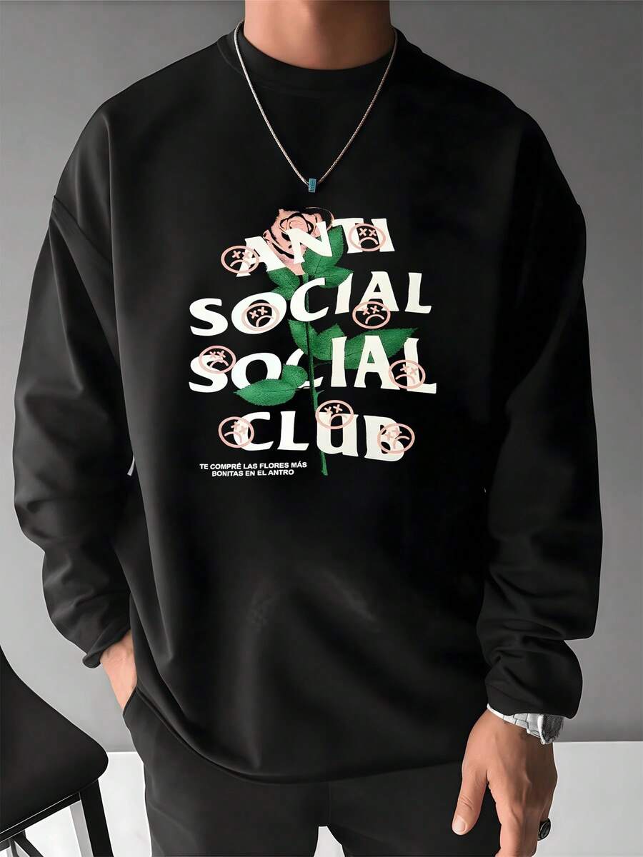 1pcs Fall Long Sleeve Casual Tee Anti Social Club Rose  Oversized Streetwear Graphic Men's T Shirt Loose Hip Hop Crewneck Relaxed Fit 100% Cotton Aesthetic Club Logo Sad Face Digital Printed T Shirt - Black - View 1