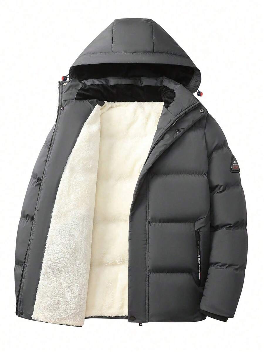 Abrigo con capucha de manga larga, forrado térmico y versátil de moda para hombre, invierno - Gris - Ver 1