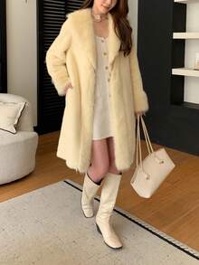 Women's Luxury Solid Color Faux Fur Long Collar Coat, An Ideal Choice For Winter - Yellow - View 4
