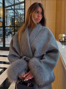 Elegant Temperament, Solid Color Lace Up Splicing, Hairy Cuffs, Woolen Coat For Women, 2025 European And American Style Summer New Item - Grey - View 3