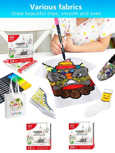 24/12 Farben Stoff Textil Graffiti Markerstift, Acrylfarb Marker, Markerstift Set, langanhaltend, nicht leicht verblassend, geeignet für Malerei, Illustration, Handwerkskunst und andere Kreationen sowie DIY-Projekte, geeignet für Kinder wie Papier, Stoff, Holz, Stein, Plastik, Glas, Keramik, Kürbis, Kinder- und Erwachsenen-Malmarkerstifte