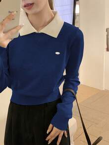 Áo croptop ngắn tay kiểu Hàn Quốc cổ polo, chất liệu mỏng, thiết kế phối màu, dành cho nữ, thu đông mới. - Xanh đậm - Xem 3