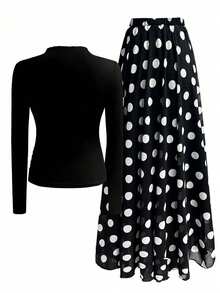 1 Set Solid Color Ruched Long Sleeve Top + Polka Dot Print Skirt - Black and White - View 2