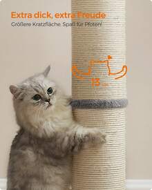 Kratzbaum, 85 cm hoch, Kratzsäule XL, 13 cm Dicker , Katzenbaum, Kratzstamm für mittelgroße und große Katzen, Sisalstamm, mit Plüschball und Glocke - Taubengrau - Übersicht 2