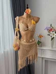 Bellisia Conjunto de xale de crochê dourado feminino para resort, praia para férias de verão