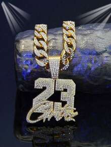 1pc Miami Men's Cuban Link Number 23 Pendant Necklace, Hip Hop Fashion Rhinestone Jewelry, Stainless Steel Accessory