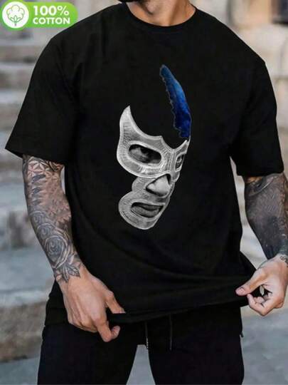 1pc Camiseta de Algodón Unisex Devil Blue Fighting Suit - Ajuste Holgado, Diseño de Máscara Geométrica, Negra con Patrones Blancos y Azules, Camiseta de Manga Larga Casual para Adolescentes y Adultos, Ropa para Todas las Estaciones, Camiseta de Ropa Casual| Camiseta de personaje enmascarado| Ropa Casual Duradera