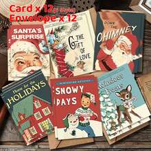12pcs/24pcs Vintage Santa Claus & Reindeer Design Christmas Greeting Cards With Envelopes, Holiday & New Year Wishes, Chinese New Year Greetings, Christmas Winter Party Invitations, Christmas Decorations