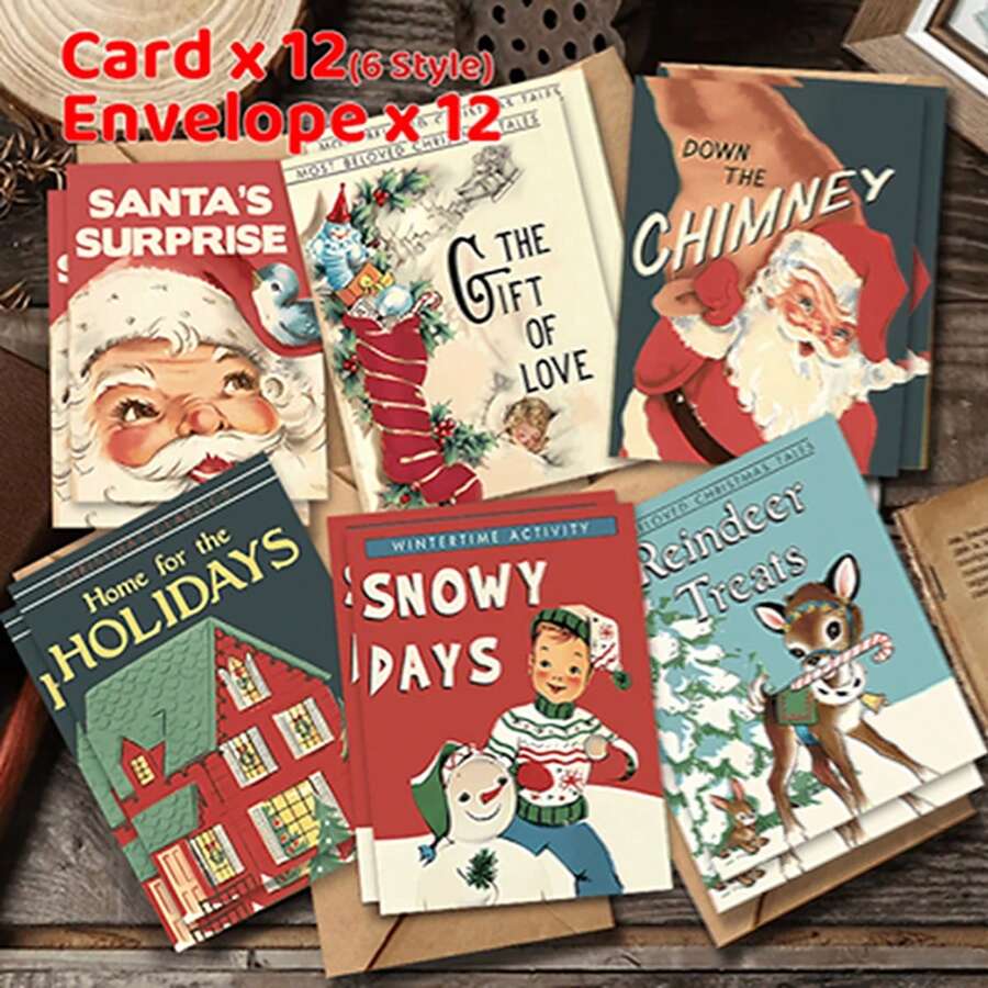 12pcs/24pcs Vintage Santa Claus & Reindeer Design Christmas Greeting Cards With Envelopes, Holiday & New Year Wishes, Chinese New Year Greetings, Christmas Winter Party Invitations, Christmas Decorations