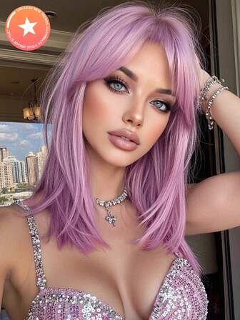 FIVE STARS วิกผมตรงสีม่วงไลแลค ยาวปานกลาง 14 นิ้ว มีหน้าม้า - โครงข่ายกุหลาบ, เส้นใยสังเคราะห์ทนความร้อน, วิกผมสำหรับผู้หญิง, สำหรับใส่ทุกวัน, ปาร์ตี้, คอสเพลย์, ฮัลโลวีน