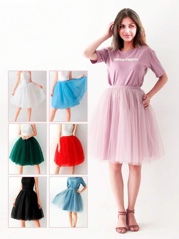 1pc Women's High Waist Mid-Length Pleated Skirt, Available In Black, White, Red, Light Blue, Pink, Dark Green, Blue-Gray, Tutu Skirt With Crescent Moon Trim, Lolita Style Decorative Skirt, Tulle Skirt, Bridesmaid Dress, Bridal Gown, Formal Dress, Suitable For Weddings, Parties, Performances, Cosplay, Stage Shows, Dance Recitals