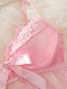 Bộ 2 món đồ lót gợi cảm dành cho nữ, thích hợp cho ngày Valentine, gồm áo hai dây ngắn màu hồng xuyên thấu và váy ngủ. - Hồng - Xem 8