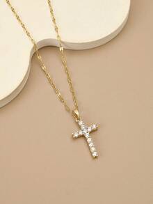 1pc Fashionable Full Rhinestone Cubic Zirconia Cross Stainless Steel Necklace For Women, Gold Jewelry, Women's Jewelry, Women's Gold Necklace, Stainless Steel Jewelry, Gold Accessories, Cross Necklace, Jesus, Easter, Gold Chain